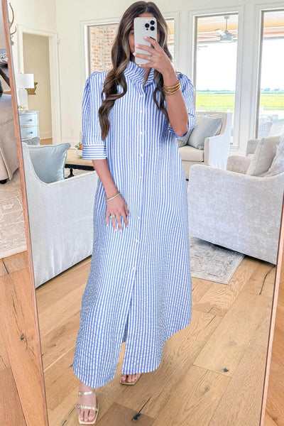 Women's Sky Blue Striped Seersucker Maxi Shirt Dress
