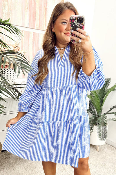 Women's Sky Blue Striped Seersucker Tiered Mini Dress
