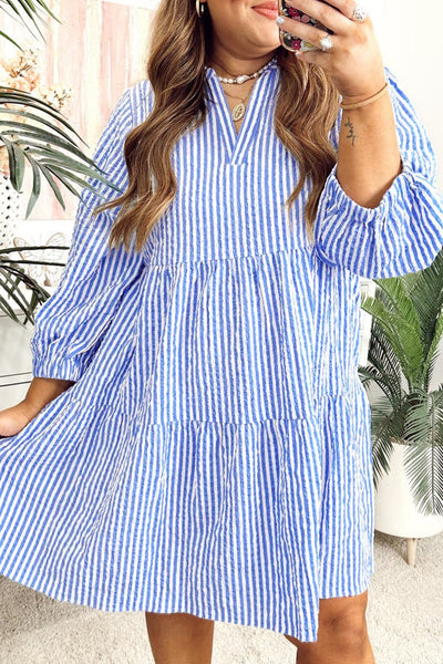 Women's Sky Blue Striped Seersucker Tiered Mini Dress