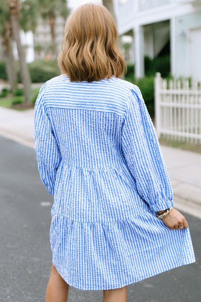 Women's Sky Blue Striped Seersucker Tiered Mini Dress