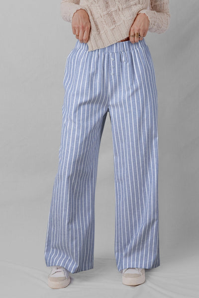 Women's Sky Blue Striped Wide-Leg Pants with Button Detail