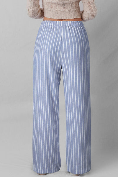 Women's Sky Blue Striped Wide-Leg Pants with Button Detail