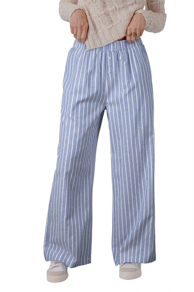 Women's Sky Blue Striped Wide-Leg Pants with Button Detail