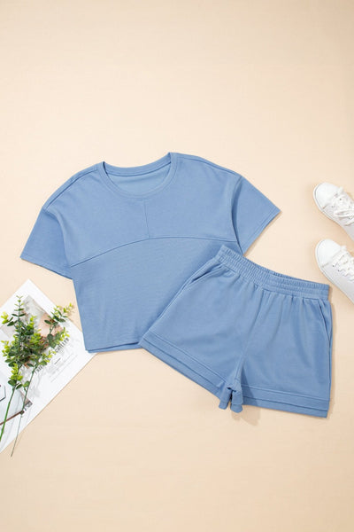 Women's Sky Blue Textured Patchwork 2-Piece Short Set