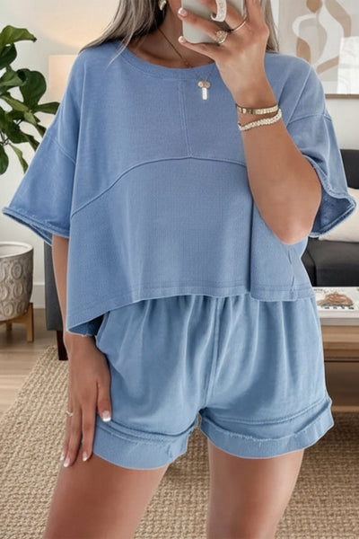 Women's Sky Blue Textured Patchwork 2-Piece Short Set