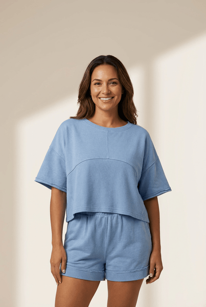 Women's Sky Blue Textured Patchwork 2-Piece Short Set