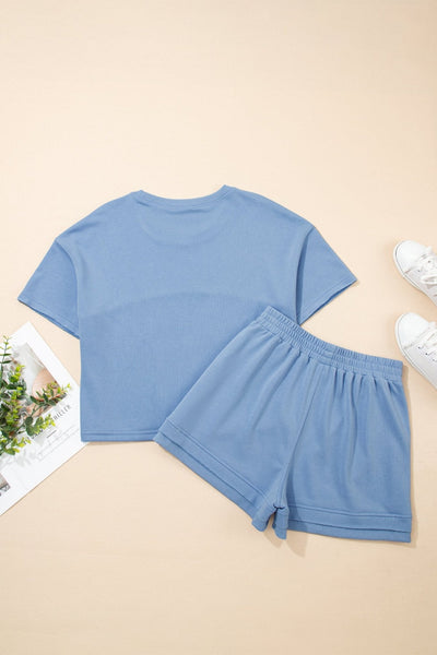 Women's Sky Blue Textured Patchwork 2-Piece Short Set