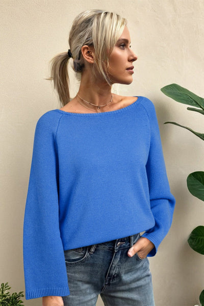 Women's Sky Blue Viscose-Blend Dolman Sweater with Bracelet Sleeves