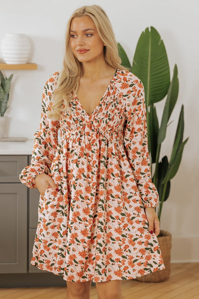 Women's Smocked Beige Floral Babydoll Dress with Bubble Sleeves
