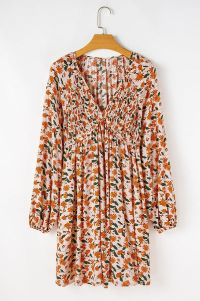 Women's Smocked Beige Floral Babydoll Dress with Bubble Sleeves