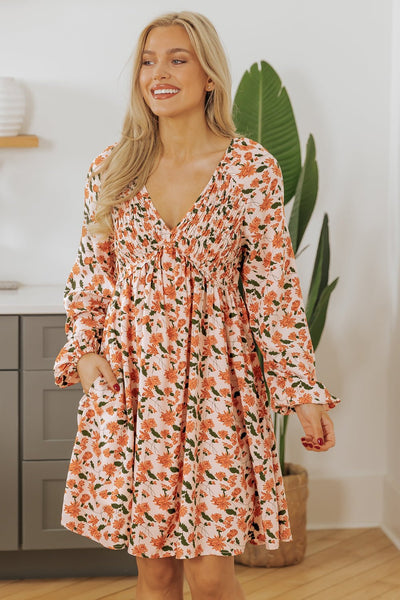 Women's Smocked Beige Floral Babydoll Dress with Bubble Sleeves