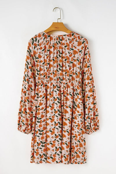 Women's Smocked Beige Floral Babydoll Dress with Bubble Sleeves