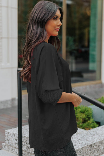 Women's Smocked Cuff Shift Blouse in Midnight Black