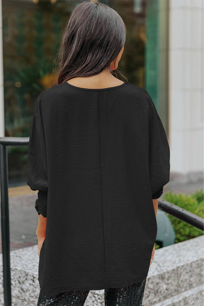 Women's Smocked Cuff Shift Blouse in Midnight Black