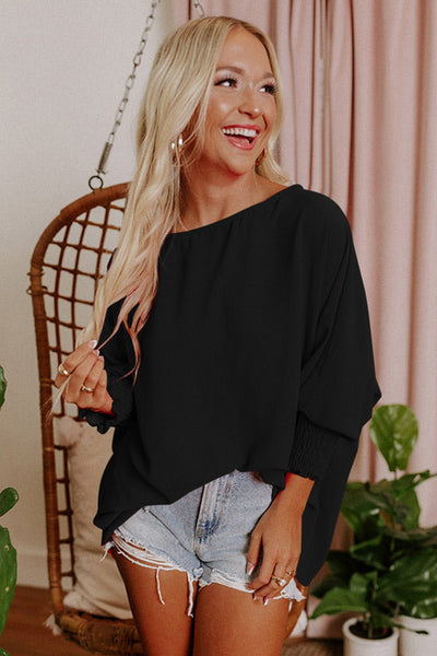 Women's Smocked Cuff Shift Blouse in Midnight Black