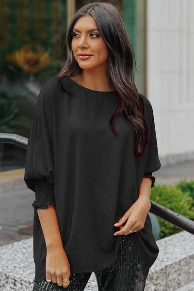 Women's Smocked Cuff Shift Blouse in Midnight Black