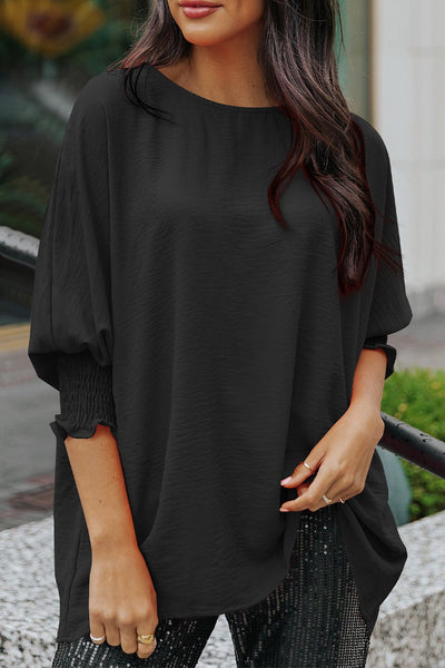 Women's Smocked Cuff Shift Blouse in Midnight Black