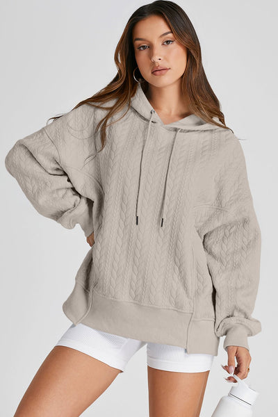 Women's Smoke Gray Cable-Knit Textured Hoodie | Relaxed Fit Pullover