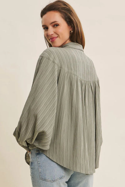 Women's Smoke Green Crinkled Lantern Sleeve Button-Down Blouse