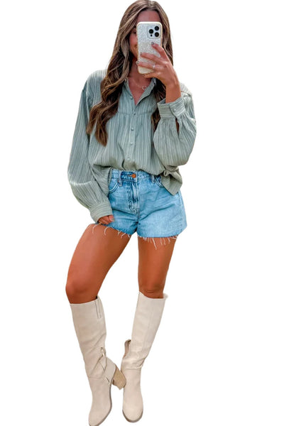 Women's Smoke Green Crinkled Lantern Sleeve Button-Down Blouse