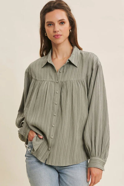 Women's Smoke Green Crinkled Lantern Sleeve Button-Down Blouse