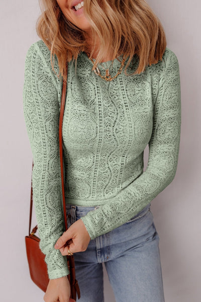 Women's Smoke Green Semi-Sheer Lace Long Sleeve Cropped Top