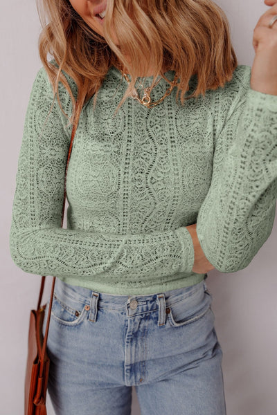 Women's Smoke Green Semi-Sheer Lace Long Sleeve Cropped Top