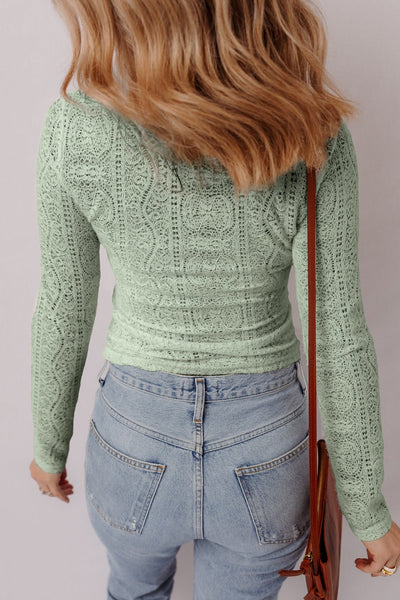 Women's Smoke Green Semi-Sheer Lace Long Sleeve Cropped Top