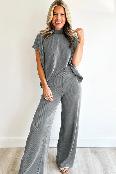 Women's Soft Charcoal Ribbed Mock Neck and Wide-Leg Pant Set with practical styling and dependable silhouette control.