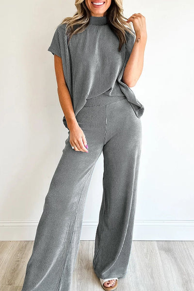 Women's Soft Charcoal Ribbed Mock Neck and Wide-Leg Pant Set with practical styling and dependable silhouette control.