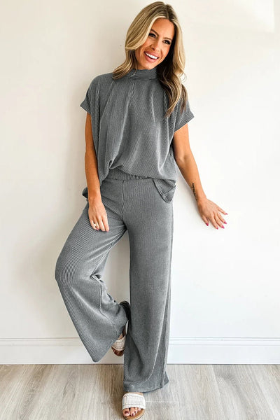 Women's Soft Charcoal Ribbed Mock Neck and Wide-Leg Pant Set with practical styling and dependable silhouette control.