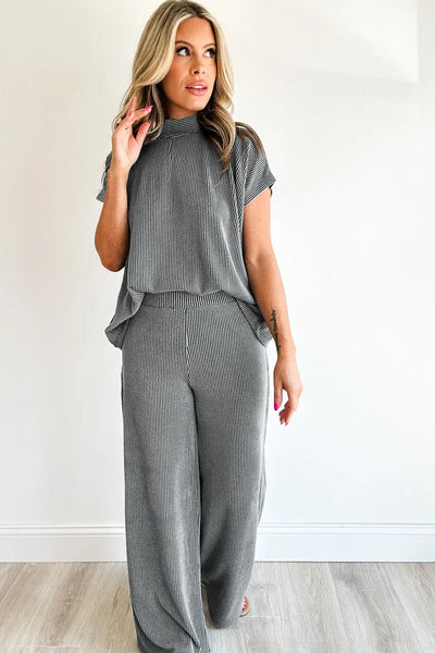 Women's Soft Charcoal Ribbed Mock Neck and Wide-Leg Pant Set with practical styling and dependable silhouette control.