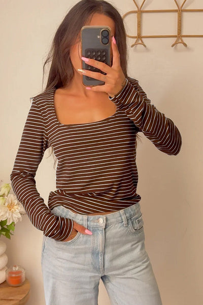 Women's Square Neck Striped Cotton Blouse in Espresso