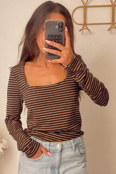 Women's Square Neck Striped Cotton Blouse in Espresso