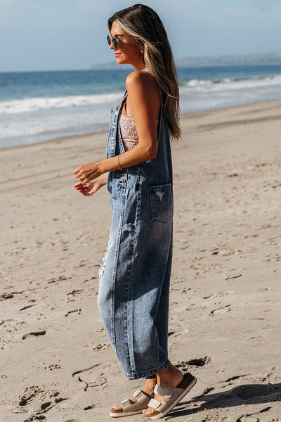 Women's Stone Blue Distressed Wide Leg Denim Overalls