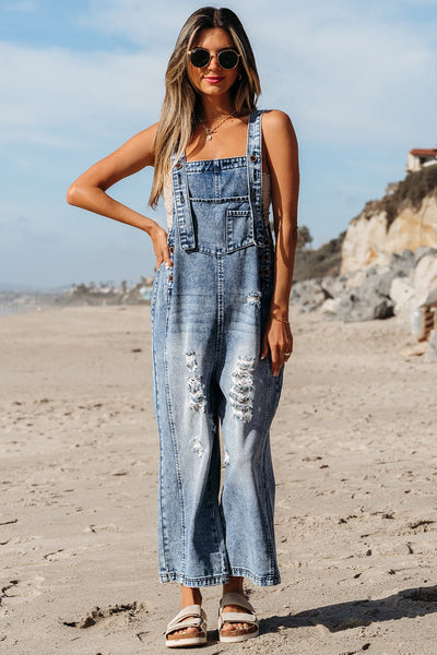Women's Stone Blue Distressed Wide Leg Denim Overalls