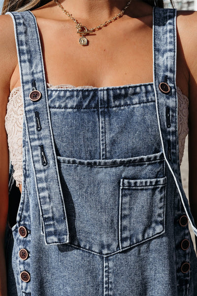 Women's Stone Blue Distressed Wide Leg Denim Overalls