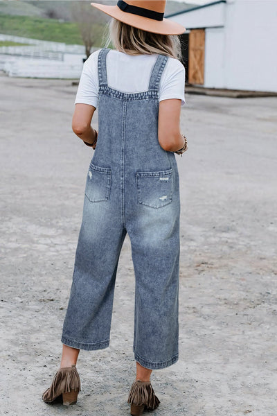 Women's Stone Blue Distressed Wide Leg Denim Overalls