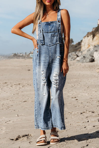 Women's Stone Blue Distressed Wide Leg Denim Overalls