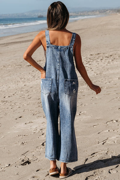 Women's Stone Blue Distressed Wide Leg Denim Overalls