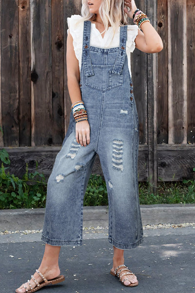 Women's Stone Blue Distressed Wide Leg Denim Overalls