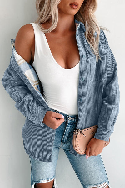 Women's Stone Blue Reversible Corduroy Plaid Shacket