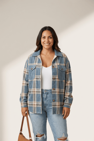 Women's Stone Blue Reversible Corduroy Plaid Shacket