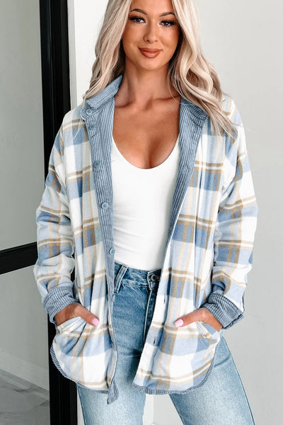 Women's Stone Blue Reversible Corduroy Plaid Shacket