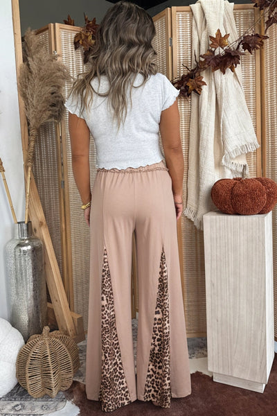 Women's Straw Yellow Leopard Patchwork Wide Leg Pants