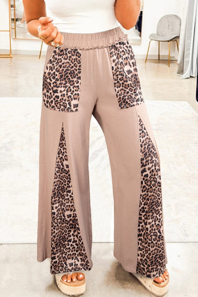 Women's Straw Yellow Leopard Patchwork Wide Leg Pants