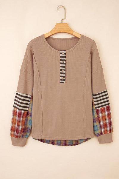 Women's Straw Yellow Waffle Knit Henley with Patchwork Sleeves