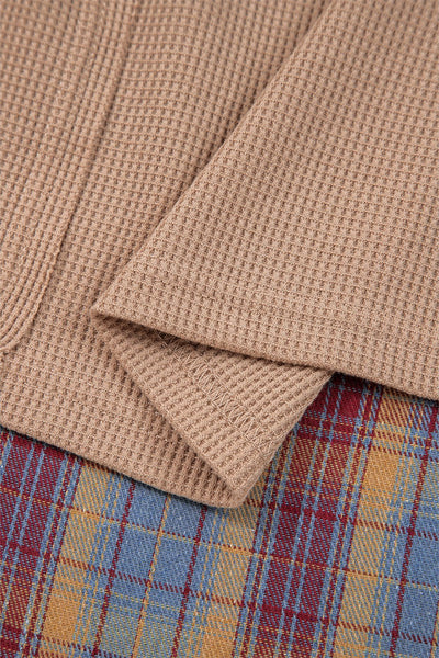 Women's Straw Yellow Waffle Knit Henley with Patchwork Sleeves