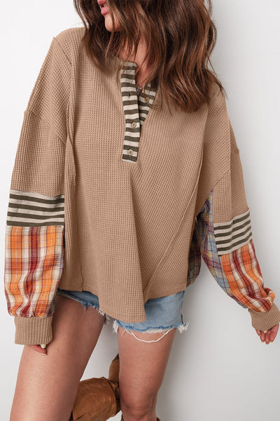Women's Straw Yellow Waffle Knit Henley with Patchwork Sleeves