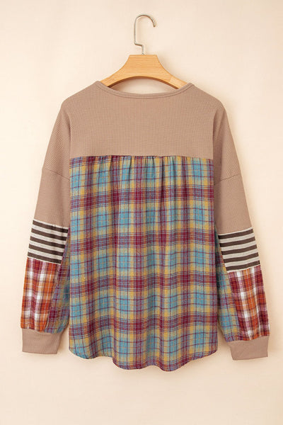 Women's Straw Yellow Waffle Knit Henley with Patchwork Sleeves